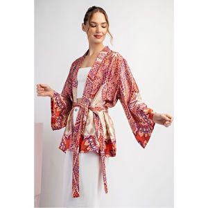 183 • Heavy Satin Jewel & Mixed Tone Paisley Belted Kimono Jacket